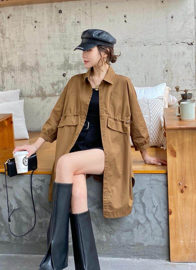 2021秋季新款九分袖风衣衬衫外套薄款连衣裙，女装风衣，微迪菲