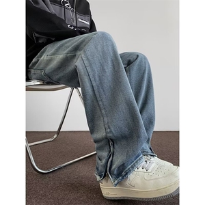 牛仔裤拉链装饰直筒长裤蓝色 S--3XL N826图片