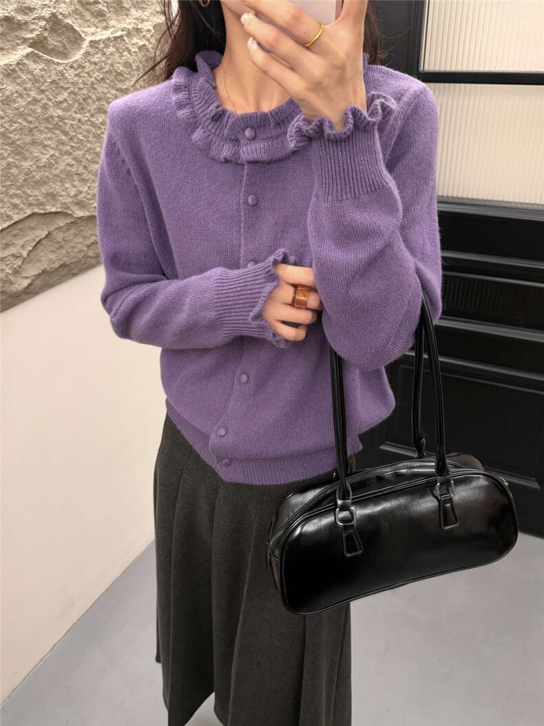 2025年秋季时尚百搭通勤简约休闲木耳花边领，女装针织衫/毛衣，九戎