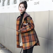 大码宽松微胖MM呢子外套2025秋装新款开衫连帽格子衬衫加厚衬衣冬，女装毛呢外套，意芙