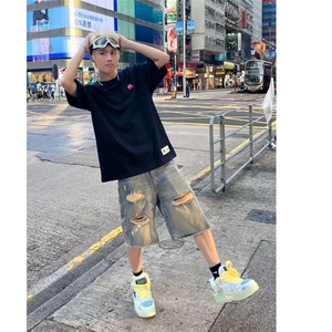 网图现货 美式宽松复古水洗破洞牛仔五分裤男DK20/P37图片
