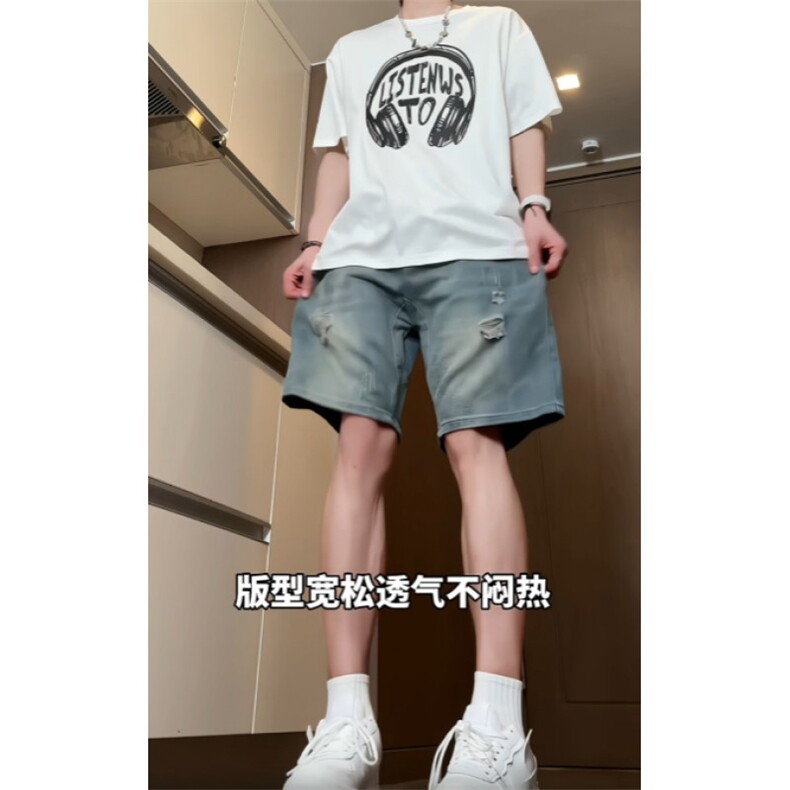 美式高街水洗破洞牛仔裤男生夏季痞帅百搭宽松五分短裤子JN9-P35图片