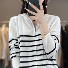 高奢定制款！精纺扬子纱加密双拉头条纹翻领开衫外套-YS12，女装羊毛衫，优麦羊绒（原洪叶羊绒）