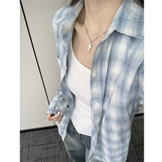 2025韩系甜美温柔蓝色条纹衬衣女春秋季外穿百搭宽松显瘦衬衫外套，男装衬衫，星座1210-1