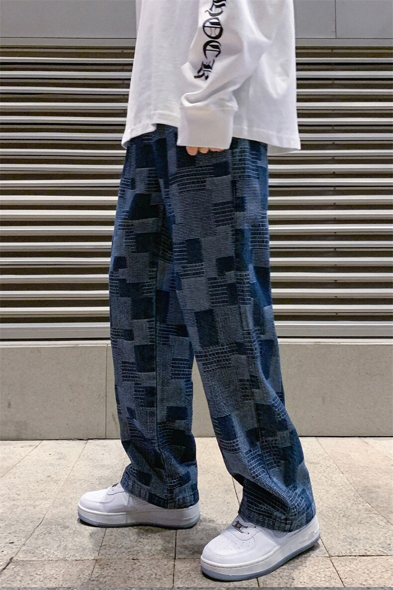 棋盘格牛仔裤男春秋2025新款美式高街vibe风潮牌痞帅阔腿休闲长裤,男装休闲裤,电商A042