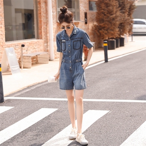 时尚显瘦牛仔连体裤女夏季新款高腰宽松短裤学生百搭休闲工装裤图片