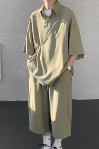 TZ778-特P55 控98 夏季冰丝七分裤短袖衬衫大码T恤套装图片