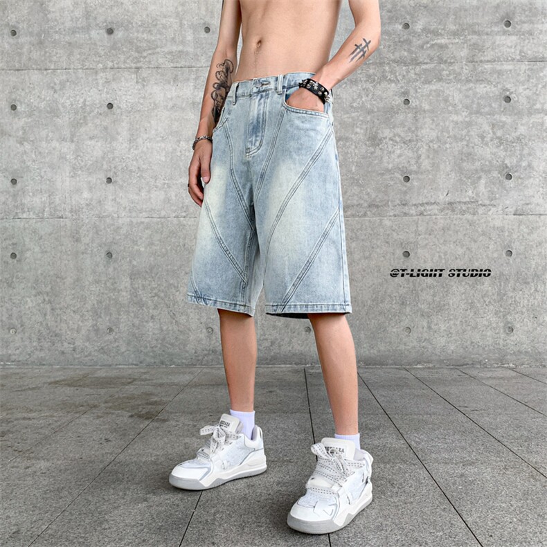 B221美式ins高街暗黑小众拼接牛仔短裤五分裤LK23068-P50控68,男装牛仔裤,电商B221