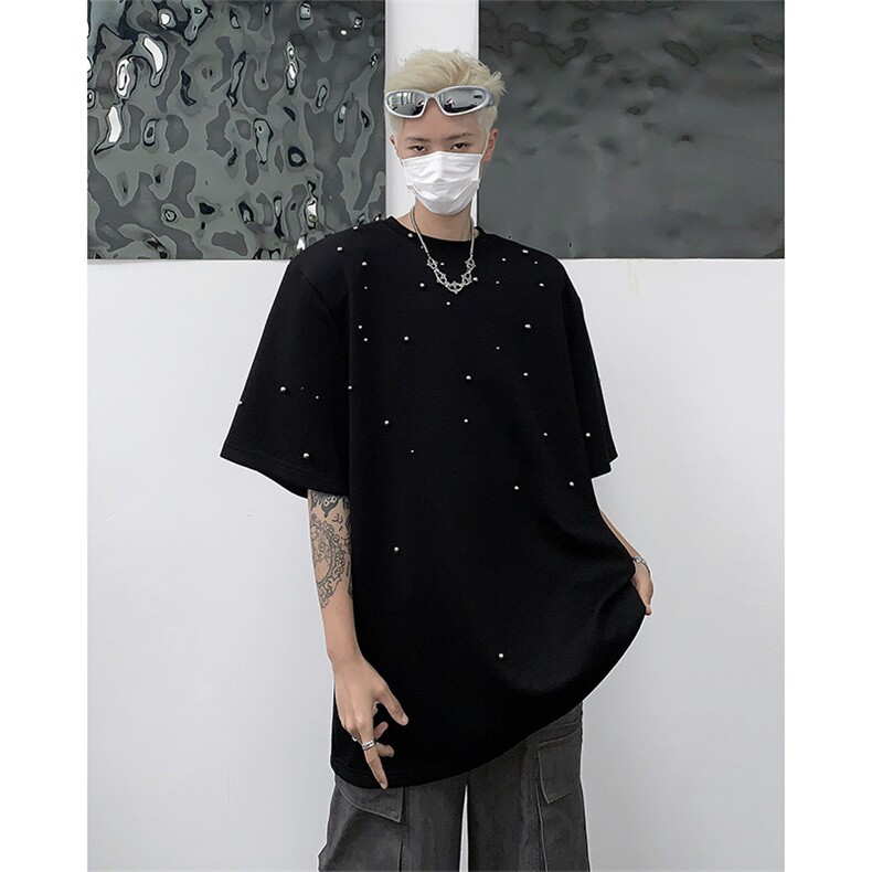 美式高街重磅垫肩短袖T恤手工金属珍珠设计感体恤TX1122P68,男装T恤,星座512-1（原513-3）