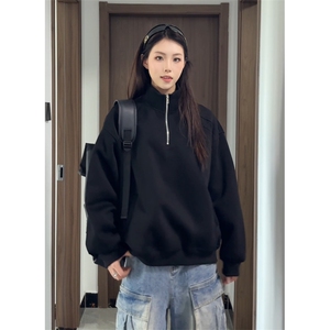 美式复古半拉链套头卫衣男女秋季宽松情侣百搭休闲上衣特P48