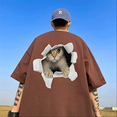 网图夏季高街猫咪印花t恤男oversize白色短袖1001-1-A660-P32，男装T恤，星座1001-1