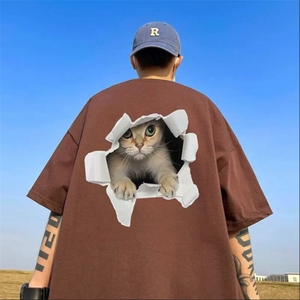 网图 夏季高街猫咪印花t恤男oversize白色短袖 1001-1-A660-P32图片