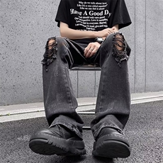 破洞牛仔裤男水洗做旧设计感拉链开叉微喇宽松直筒裤N1098，男装牛仔裤，星座1116A-1（原606A）