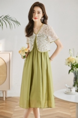 现货新款2024年新中式g风盘扣m媛气质蕾丝天丝吊带裙两件套裙子，女装套装/套裙，采品优优