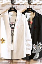 2021秋日系新砖墙大码男猫和老鼠印花宽松长袖衬衫C3209-P35，男装衬衫，电商A001