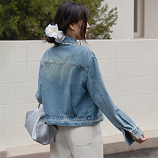 bao款蓝色牛仔外套女短款2025春季新款时尚气质直筒毛边夹克上衣，女装牛仔外套，美拉德工厂直营店