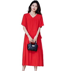 夏季新款特大码女装纯色连衣裙简约通勤轻柔透气A字长裙子，女装大码女装，娇莉