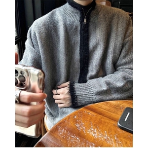 JY419-P63 撞色立领秋冬毛衣开衫宽松 网图图片
