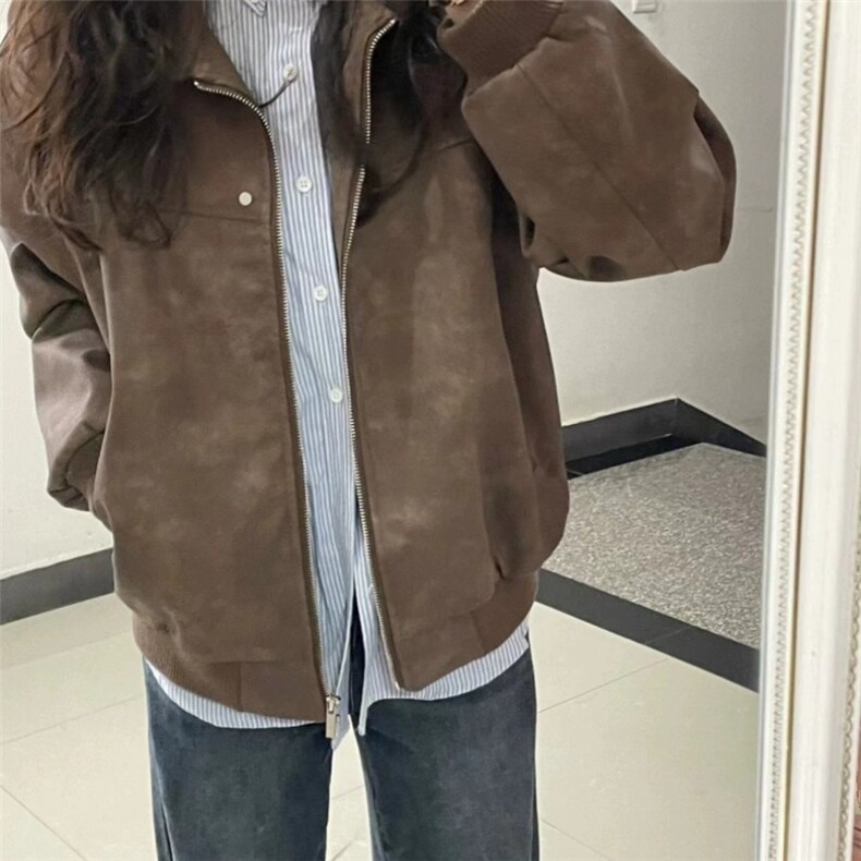 美式复古棕色翻领皮衣外套女春秋款麂皮绒夹克JW21,男装夹克,星座1116A（原606A-3）
