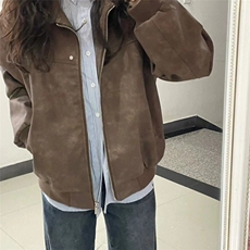美式复古棕色翻领皮衣外套女春秋款麂皮绒夹克JW21，男装夹克，星座1116A（原606A-3）