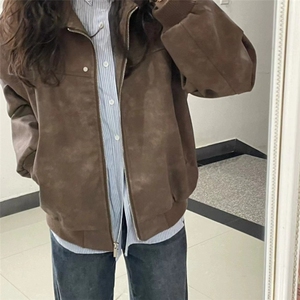 美式复古棕色翻领皮衣外套女春秋款麂皮绒夹克 JW21图片