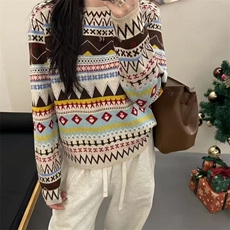 2025年秋季时尚百搭通勤简约休闲费尔岛提花，女装针织衫/毛衣，暖姿羊绒