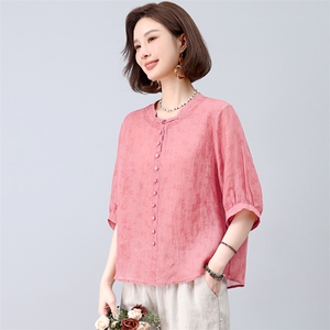 纯苎麻刺绣衬衫女夏季2025新款中年妈妈宽松洋气休闲减龄半袖上衣图片