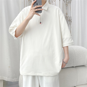 PL9053/P35冰丝短袖POLO衫男夏季宽松纯色上衣美式潮牌半拉链t恤图片