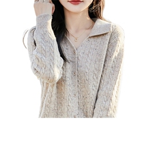 春秋100%纯羊毛开衫女翻领扭花点子纱亮丝外套宽松羊绒衫外搭毛衣，女装羊毛衫，哲奥羊绒