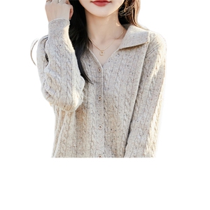 春秋100%纯羊毛开衫女翻领扭花点子纱亮丝外套宽松羊绒衫外搭毛衣图片