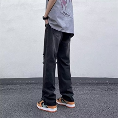 夏季新款高街破洞牛仔裤男美式潮牌直筒宽松情侣阔腿裤N2328-P40，男装牛仔裤，星座1008