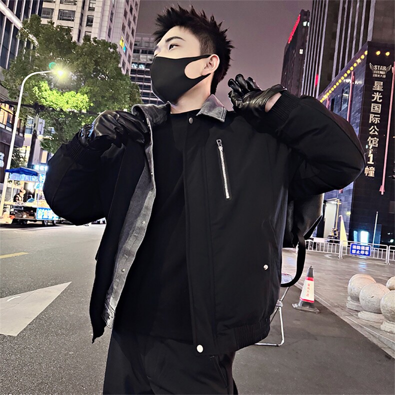 B35/P138控178假两件男士棉服拼接牛仔外套冬季时尚棉衣芥拾紫首1,男装工装外套,星座305B