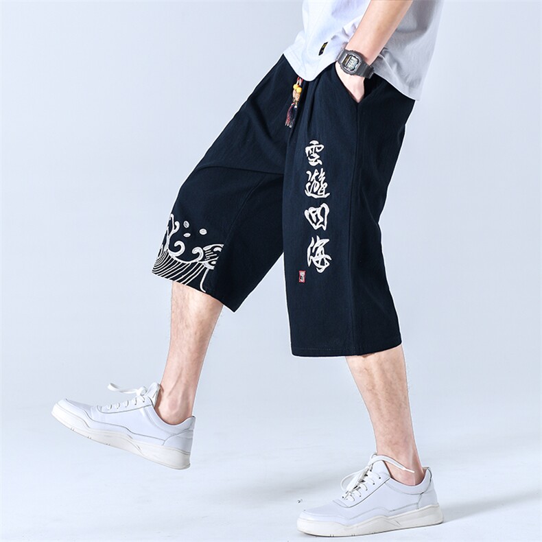 夏季男士休闲裤七分短裤棉麻刺绣直筒中裤潮流男装A266-1-K09-P50,男装休闲裤,电商A266-1