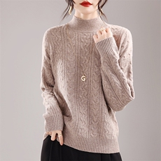 2025年秋季新款半高领重工绞花加厚针织上衣，女装针织衫/毛衣，奢优羊绒