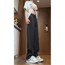 黑色垂感阔腿裤夏季薄款凉感冰丝裤子男设计感弯刀裤310A-510-P20，男装休闲裤，四季星座310A