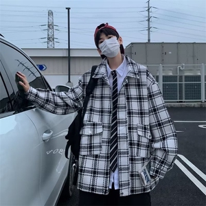 小香风外套男春秋冬季格子毛呢大衣痞帅夹克高街潮牌大码 JW232图片