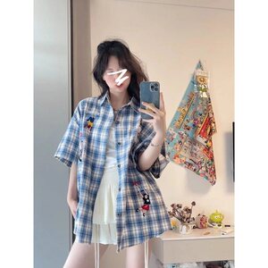 复古格子短袖衬衫女cleanfit刺绣小众设计感夏季百搭衬衣 CN621图片