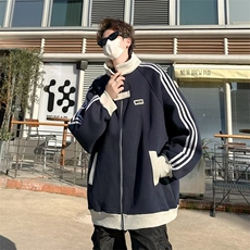 三条杠撞色翻领外套男2026春秋季外穿水洗涤纶潮收口袖宽松型，女装短外套，星座601-1