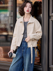 2026春装新款简约摩登时尚复古皮衣外套，女装皮衣，魅丽静蓝