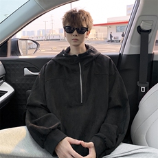 麂皮绒卫衣连帽M~8XL大码宽松美式重磅半拉链帽衫外套WY9102/P68，女装短外套，电商B238