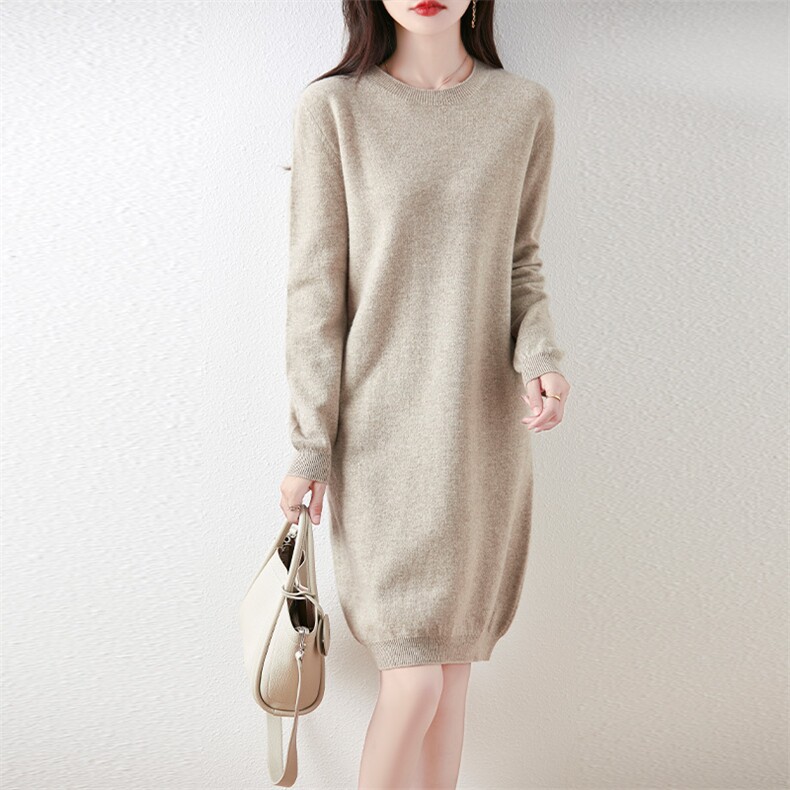秋冬新款简约百搭圆领长袖羊毛针织连衣裙显瘦保暖，女装连衣裙，赛冬羊绒