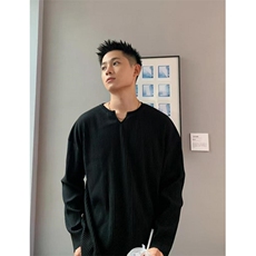 美式亨利领t恤男高端坑条质感宽松长袖设计感V领打底体恤T74，男装T恤，星座1116A（原606A-3）