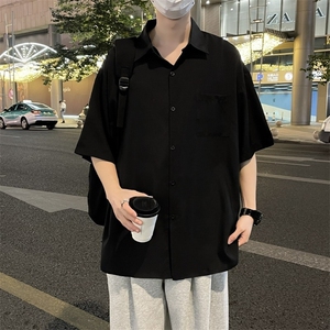 半袖衬衣男夏季纯色日系简约短袖衬衫美式复古式痞帅潮牌外套冰丝