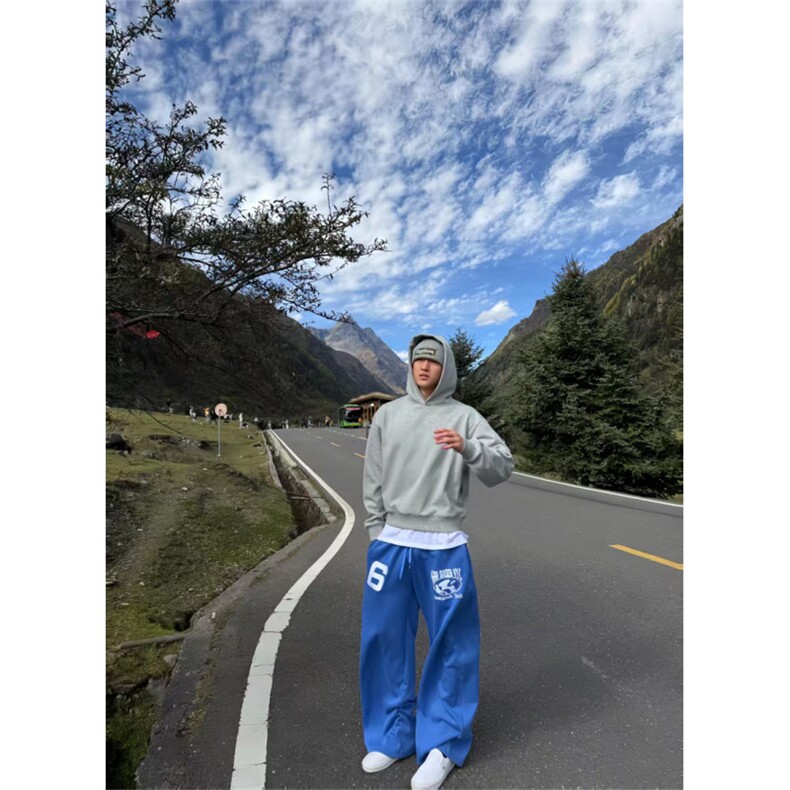 美式字母蓝色卫裤男女网红洋气宽松显瘦直筒阔腿休闲裤图片
