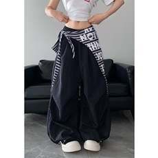 BabyStudios美式条纹字母屁帘叠穿绑带伞兵裤女阔腿裤潮K6529-P46，男装休闲裤，星座412-3