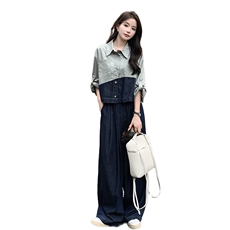 现货:秋装新款拼色牛仔时尚洋气阔腿裤两件套C135-2370P145K198，女装套装/套裙，2C135