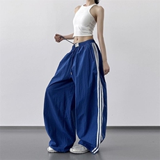 2025夏季新款薄款美式运动裤女蓝色休闲阔腿美式侧边条工装裤子，男装工装外套，星座613