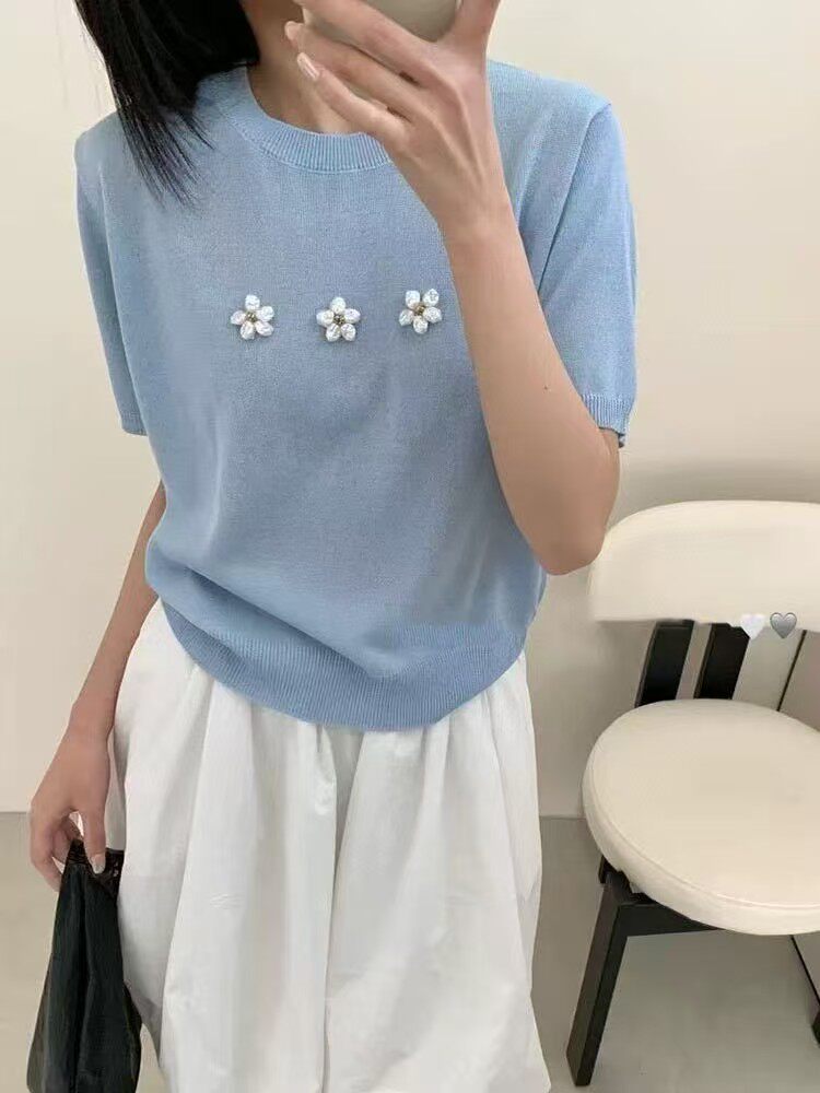 高档夏季新款t恤女短袖圆领宽松休闲正肩穿搭简约洋气小众ins，女装T恤，唐诺