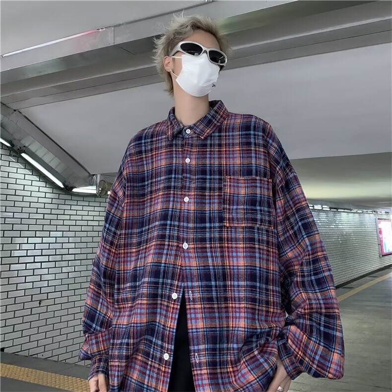 美式复古格子衬衫男宽松春秋休闲百搭外套潮男,男装衬衫,星座716-3