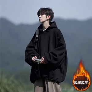 加绒卫衣男连帽2025秋冬新款ing美式宽松纯色潮牌情侣外套男,四十岁男人穿卫衣搭配图图片